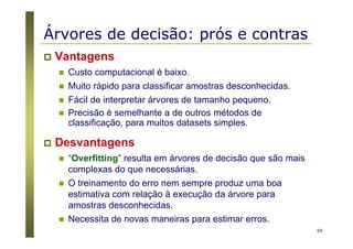 69
Árvores de decisão: prós e contras
Vantagens
Custo computacional é baixo.
Muito rápido para classificar amostras desconhecidas.
Fácil de interpretar árvores de tamanho pequeno.
Precisão é semelhante a de outros métodos de
classificação, para muitos datasets simples.
Desvantagens
“Overfitting” resulta em árvores de decisão que são mais
complexas do que necessárias.
O treinamento do erro nem sempre produz uma boa
estimativa com relação à execução da árvore para
amostras desconhecidas.
Necessita de novas maneiras para estimar erros.
 