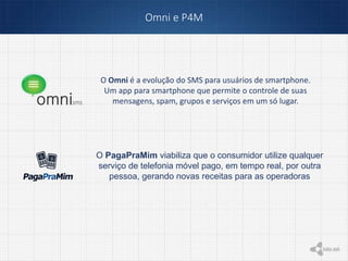 Omni e P4M
O Omni é a evolução do SMS para usuários de smartphone.
Um app para smartphone que permite o controle de suas
mensagens, spam, grupos e serviços em um só lugar.
O PagaPraMim viabiliza que o consumidor utilize qualquer
serviço de telefonia móvel pago, em tempo real, por outra
pessoa, gerando novas receitas para as operadoras
 