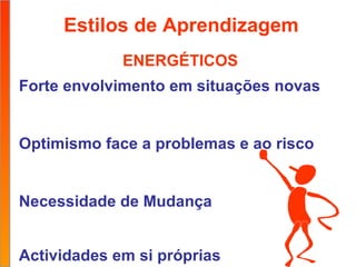 Estilos de Aprendizagem   Forte envolvimento em situações novas Optimismo face a problemas e ao risco Necessidade de Mudança Actividades em si próprias ENERGÉTICOS 