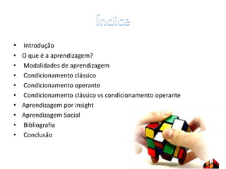 • Introdução
• O que é a aprendizagem?
• Modalidades de aprendizagem
• Condicionamento clássico
• Condicionamento operante
• Condicionamento clássico vs condicionamento operante
• Aprendizagem por insight
• Aprendizagem Social
• Bibliografia
• Conclusão
2
 