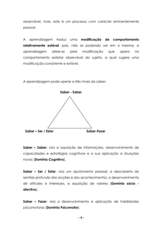 - 4 -
observável, mais, este é um processo com carácter eminentemente
pessoal.
A aprendizagem traduz uma modificação de comportamento
relativamente estável, pois, não se podendo ver em si mesma, a
aprendizagem afere-se pela modificação que opera no
comportamento exterior observável do sujeito, a qual sugere uma
modificação consistente e estável.
A aprendizagem pode operar a três níveis do saber:
Saber – Saber: visa a aquisição de informações, desenvolvimento de
capacidades e estratégias cognitivas e a sua aplicação a situações
novas (Domínio Cognitivo).
Saber – Ser / Estar: visa um ajustamento pessoal, a descoberta do
sentido profundo das acções e dos acontecimentos, o desenvolvimento
de atitudes e interesses, a aquisição de valores (Domínio sócio -
afectivo).
Saber – Fazer: visa o desenvolvimento e aplicação de habilidades
psicomotoras (Domínio Psicomotor).
Saber - Saber
Saber – Ser / Estar Saber-Fazer
 