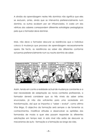 - 5 -
A divisão da aprendizagem nestes três domínios não significa que eles
se excluam, antes, ainda que se intervenha preferencialmente num
domínio, os outros acabam por ser influenciados. A cada um dos
vértices dos saberes correspondem diferentes estratégias pedagógicas
pelo que o formador deve dominar.
Mais, não deve o formador descurar as resistências que o indivíduo
coloca à mudança que processo de aprendizagem necessariamente
opera. De facto, as resistências ao saber são diferentes conforme
actuemos preferencialmente num ou noutro domínio de saber.
Assim, tendo em conta a realidade actual de mudanças constantes e a
real necessidade de adaptação ao novos contextos profissionais, o
formador deverá considerar que os três níveis do saber antes
enunciados, já não são suficientes para uma sociedade em
transformação, daí que se imponha o “saber – evoluir”, como afirma
Vítor Briga. O objectivo da formação será sempre o de fomentar os
conhecimentos, modificar atitudes e desenvolver as aptidões dos
formandos de modo a quer eles possam responder às diferentes
solicitações em tempo real. A este nível não serão de descurar os
mecanismos de auto - formação e a formação ao longo da vida.
 