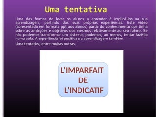 Uma das formas de levar os alunos a aprender é implicá-los na sua
aprendizagem, partindo das suas próprias experiências. Este vídeo
(apresentado em formato ppt aos alunos) partiu do conhecimento que tinha
sobre as ambições e objetivos dos mesmos relativamente ao seu futuro. Se
não podemos transformar um sistema, podemos, ao menos, tentar fazê-lo
numa aula. A experiência foi positiva e a aprendizagem também.
Uma tentativa, entre muitas outras.
 