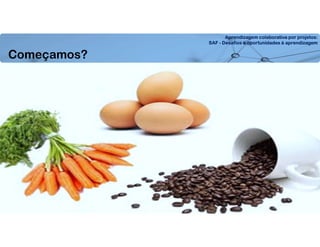 Aprendizagem colaborativa por projetos:
SAF - Desafios e oportunidades à aprendizagem
Começamos?
 