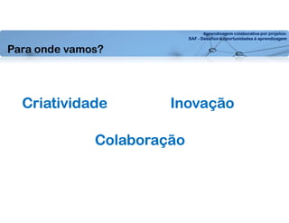 Aprendizagem colaborativa por projetos:
SAF - Desafios e oportunidades à aprendizagem
Criatividade Inovação
Colaboração
Para onde vamos?
 
