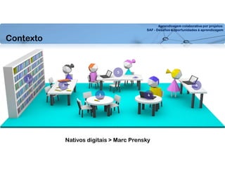 Aprendizagem colaborativa por projetos:
SAF - Desafios e oportunidades à aprendizagem
Nativos digitais > Marc Prensky
Contexto
 