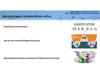 Aprendizagem colaborativa por projetos:
SAF - Desafios e oportunidades à aprendizagem
Gamificação (Gamification)
Sala de aula invertida (Flipped classroom)
Aprendizagem baseada em problemas (Problem-based learning)
Aprendizagem colaborativa e ativa
 