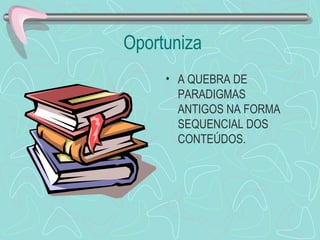 Oportuniza A QUEBRA DE PARADIGMAS ANTIGOS NA FORMA SEQUENCIAL DOS CONTEÚDOS. 