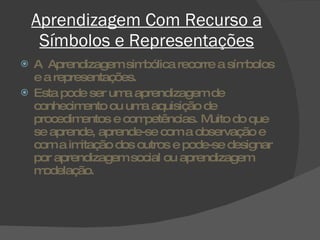 Aprendizagem Com Recurso a Símbolos e Representações A  Aprendizagem simbólica recorre a símbolos e a representações. Esta pode ser uma aprendizagem de conhecimento ou uma aquisição de procedimentos e competências. Muito do que se aprende, aprende-se com a observação e com a imitação dos outros e pode-se designar por aprendizagem social ou aprendizagem modelação. 