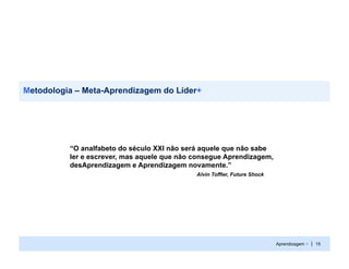 Metodologia – Meta-Aprendizagem do Líder+




          “O analfabeto do século XXI não será aquele que não sabe
          ler e escrever, mas aquele que não consegue Aprendizagem,
          desAprendizagem e Aprendizagem novamente.”
                                             Alvin Toffler, Future Shock




                                                                           Aprendizagem + | 15
 