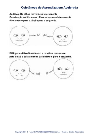 Auditivo: Os olhos movem- se lateralmente
Construção auditiva – os olhos movem- se lateralmente
diretamente para a direita para a esquerda.
Diálogo auditivo Sinestésico – os olhos movem-se
para baixo e para a direita para baixo e para a esquerda.
Coletâneas de Aprendizagem Acelerada
Copyright 2011 © - www.UNIVERSIDADEDOINGLES.com.br - Todos os Direitos Reservados
 