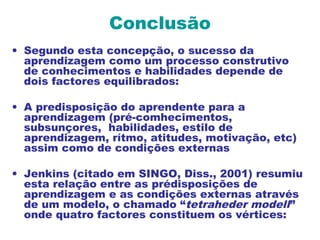 Conclusão
• Segundo esta concepção, o sucesso da
aprendizagem como um processo construtivo
de conhecimentos e habilidades depende de
dois factores equilibrados:
• A predisposição do aprendente para a
aprendizagem (pré-comhecimentos,
subsunçores, habilidades, estilo de
aprendizagem, rítmo, atitudes, motivação, etc)
assim como de condições externas
• Jenkins (citado em SINGO, Diss., 2001) resumiu
esta relação entre as prédisposições de
aprendizagem e as condições externas através
de um modelo, o chamado “tetraheder modell”
onde quatro factores constituem os vértices:
 