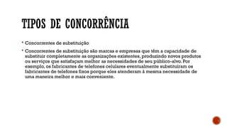 TIPOS DE CONCORRÊNCIA
 Concorrentes de substituição
 Concorrentes de substituição são marcas e empresas que têm a capacidade de
substituir completamente as organizações existentes, produzindo novos produtos
ou serviços que satisfaçam melhor as necessidades de seu público-alvo. Por
exemplo, os fabricantes de telefones celulares eventualmente substituíram os
fabricantes de telefones fixos porque eles atenderam à mesma necessidade de
uma maneira melhor e mais conveniente.
 