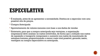 ESPECULATIVA
 É realizada, antes de se apresentar a necessidade. Destina-se a especular com uma
possível alta de preços.
 Compra Antecipada
 Aproveitamento de valores menores com base a nos dados de vendas
 Entretanto, para que a compra antecipada seja vantajosa, a organização
empresarial deve analisar os custos envolvidos, de forma que a redução nos custos
de aquisição e transporte compensem o aumento nos custos de manutenção de
estoques maiores, proporcionando o menor custo total possível, gerando, assim,
vantagem na compra especulativa ou antecipada.
 