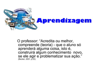 Aprendizagem   O professor: “Acredita ou melhor, compreende (teoria) - que o aluno só aprenderá alguma coisa, isto é, construirá algum conhecimento  novo, se ele agir e problematizar sua ação.”   (Becker, 2001, p.23)  