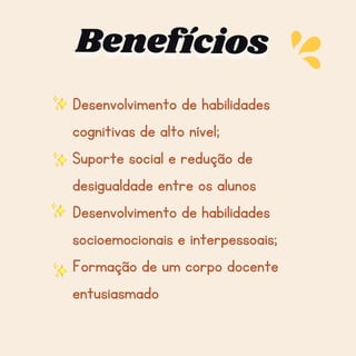 Desenvolvimento de habilidades
cognitivas de alto nível;
Suporte social e redução de
desigualdade entre os alunos
Desenvolvimento de habilidades
socioemocionais e interpessoais;
Formação de um corpo docente
entusiasmado
Benefícios
Benefícios
Benefícios
 