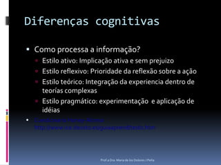 Diferenças cognitivasComo processa a informação?Estilo ativo: Implicaçãoativa e semprejuizoEstilo reflexivo: Prioridade da reflexão sobre a açãoEstilo teórico: Integração da experiencia dentro de teorías complexasEstilo pragmático: experimentação  e aplicação de idéiasCuestionario Honey-Alonso http://www.ice.deusto.es/guiaaprend/test0.htmProf.a Dra. Maria de los Dolores J Peña