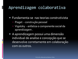 Aprendizagem colaborativaFundamenta-se  nas teorias construtivista Piaget  - construção pessoalVigotsky  - enfatiza o componente social da aprendizagem .A aprendizagem possui uma dimensão individual de analise e concepção que se desenvolve corretamente em colaboração com os outros. Prof.a Dra. Maria de los Dolores J Peña