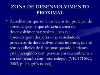 ZONA DE DESENVOLVIMENTOZONA DE DESENVOLVIMENTO
PROXIMALPROXIMAL
• Acreditamos que uma característica principal daAcreditamos que uma característica principal da
aprendizagem é que elaaprendizagem é que ela criacria a zona dea zona de
desenvolvimento proximal; isto é, adesenvolvimento proximal; isto é, a
aprendizagem desperta uma variedade deaprendizagem desperta uma variedade de
processos de desenvolvimentos internos, que sóprocessos de desenvolvimentos internos, que só
têm condições de funcionar quando a criançatêm condições de funcionar quando a criança
está interagindo com pessoas em seu ambiente eestá interagindo com pessoas em seu ambiente e
em cooperação com seus colegas. (VIGOTSKI,em cooperação com seus colegas. (VIGOTSKI,
2003, p. 90, grifo nosso).2003, p. 90, grifo nosso).
 