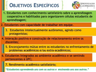 Objetivos Específicos1. Estudantes com conhecimento satisfatório sobre a aprendizagem cooperativa e habilitados para organizarem células estudantis de aprendizagem;2. Estudantes com capacidade de trabalhar em equipe.3.  Estudantes intelectualmente autônomos, agindo como protagonistas;4. Interação positiva e construção de relacionamento entre os discentes;5. Encorajamento mútuo entre os estudantes no enfrentamento de problemas acadêmicos e/ou extra-acadêmicos;6. Estudantes Integrados ao ambiente acadêmico e se sentindo pertencentes à UFC;7. Rendimento acadêmico satisfatório;“Estudantes aprendendo uns com os outros e  ensinando uns aos outros.”
