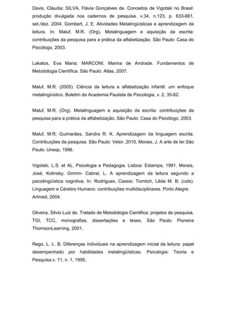 Davis, Cláudia; SILVA, Flávia Gonçalves de. Conceitos de Vigotski no Brasil:
produção divulgada nos cadernos de pesquisa. v.34, n.123, p. 633-661,
set./dez. 2004. Gombert, J. E. Atividades Metalingüísticas e aprendizagem da
leitura. In: Maluf, M.R. (Org). Metalinguagem e aquisição da escrita:
contribuições da pesquisa para a prática da alfabetização. São Paulo: Casa do
Psicólogo, 2003.
Lakatos, Eva Maria; MARCONI, Marina de Andrade. Fundamentos de
Metodologia Científica. São Paulo: Atlas, 2007.
Maluf, M.R. (2005). Ciência da leitura e alfabetização infantil: um enfoque
metalingüístico. Boletim da Academia Paulista de Psicologia, v. 2, 35-62.
Maluf, M.R. (Org). Metalinguagem e aquisição da escrita: contribuições da
pesquisa para a prática da alfabetização. São Paulo: Casa do Psicólogo, 2003.
Maluf, M.R; Guimarães, Sandra R. K. Aprendizagem da linguagem escrita.
Contribuições da pesquisa. São Paulo: Vetor, 2010. Morais, J. A arte de ler.São
Paulo: Unesp, 1996.
Vigotski, L.S. et AL. Psicologia e Pedagogia. Lisboa: Estampa, 1991. Morais,
José; Kolinsky; Grimm- Cabral, L. A aprendizagem da leitura segundo a
psicolingüística cognitiva. In: Rodrigues, Cassio; Tomitch, Lêda M. B; (cols).
Linguagem e Cérebro Humano: contribuições multidisciplinares. Porto Alegre:
Artmed, 2004.
Oliveira, Silvio Luiz de. Tratado de Metodologia Cientifica: projetos de pesquisa,
TGI, TCC, monografias, dissertações e teses. São Paulo: Pioneira
ThomsonLearning, 2001.
Rego, L. L. B. Diferenças individuais na aprendizagem inicial da leitura: papel
desempenhado por habilidades metalingüísticas. Psicologia: Teoria e
Pesquisa.v. 11, n. 1, 1995.
 