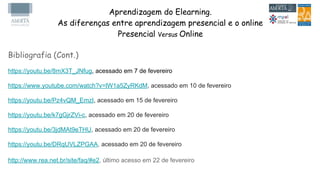 Aprendizagem do Elearning.
As diferenças entre aprendizagem presencial e o online
Presencial Versus Online
Bibliografia (Cont.)
https://youtu.be/8mX3T_JNfug, acessado em 7 de fevereiro
https://www.youtube.com/watch?v=lW1a5ZyRKdM, acessado em 10 de fevereiro
https://youtu.be/Pz4vQM_EmzI, acessado em 15 de fevereiro
https://youtu.be/k7gGjrZVi-c, acessado em 20 de fevereiro
https://youtu.be/3jdMAt9eTHU, acessado em 20 de fevereiro
https://youtu.be/DRqUVLZPGAA, acessado em 20 de fevereiro
http://www.rea.net.br/site/faq/#e2, último acesso em 22 de fevereiro
 