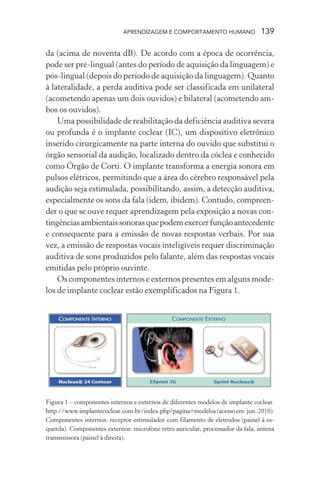 APRENDIZAGEM E COMPORTAMENTO HUMANO                139

da (acima de noventa dB). De acordo com a época de ocorrência,
pode ser pré-lingual (antes do período de aquisição da linguagem) e
pós-lingual (depois do período de aquisição da linguagem). Quanto
à lateralidade, a perda auditiva pode ser classificada em unilateral
(acometendo apenas um dois ouvidos) e bilateral (acometendo am-
bos os ouvidos).
    Uma possibilidade de reabilitação da deficiência auditiva severa
ou profunda é o implante coclear (IC), um dispositivo eletrônico
inserido cirurgicamente na parte interna do ouvido que substitui o
órgão sensorial da audição, localizado dentro da cóclea e conhecido
como Órgão de Corti. O implante transforma a energia sonora em
pulsos elétricos, permitindo que a área do cérebro responsável pela
audição seja estimulada, possibilitando, assim, a detecção auditiva,
especialmente os sons da fala (idem, ibidem). Contudo, compreen-
der o que se ouve requer aprendizagem pela exposição a novas con-
tingências ambientais sonoras que podem exercer função antecedente
e consequente para a emissão de novas respostas verbais. Por sua
vez, a emissão de respostas vocais inteligíveis requer discriminação
auditiva de sons produzidos pelo falante, além das respostas vocais
emitidas pelo próprio ouvinte.
    Os componentes internos e externos presentes em alguns mode-
los de implante coclear estão exemplificados na Figura 1.




Figura 1 – componentes internos e externos de diferentes modelos de implante coclear.
http://www.implantecoclear.com.br/index.php?pagina=modelos (acesso em: jun. 2010).
Componentes internos: receptor estimulador com filamento de eletrodos (painel à es-
querda). Componentes externos: microfone retro auricular, processador da fala, antena
transmissora (painel à direita).
 