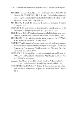 176   TÂNIA GRACY MARTINS DO VALLE E ANA CLÁUDIA BORTOLOZZI MAIA (ORGS.)


MARTIN, G. L.; TKACHUK, G. Psicologia Comportamental do
  Esporte. In: GULHARDI, H. J. & cols. (Orgs.) Sobre comporta-
  mento e cognição: expondo a variabilidade. Santo André: Esetec Edi-
  tores Associados, 2001, v.8 p.313-36.
MARTENS, R. et al. El treinador. Barcelona, Espanha: Hispano
  European, 1989.
OKOUCHI, H. Instructions as discriminative stimuli. Journal of the
  Experimental Analysis of Behavior, v.72, p.205-14, 1999.
PEREIRA, M. E. M. O estudo da linguagem pela Psicologia: uma apro-
  ximação entre Skinner e Bakhtin. São Paulo: Educ Editora, 2000.
PETERSON, N. An introduction to verbal behavior. In: OTAWA,
  N. W. Behavior associates. s. l.: Inc, 1978.
SCHMIDT, A O ensino de alunos em escola especial: analisando como o
  professor ensina e propondo material para capacitação. Dissertação
  (Mestrado). Programa de Pós-Graduação em Educação Especial.
  UFSCAR, São Carlos, 1999.
SKINNER, B. F. Uma análise operante da resolução de problemas. In:
  PAVLOV; SKINNER, B. F. São Paulo: Abril Cultural, 1966/1984,
  p.273-301 (Os pensadores).
      . About behaviorism. Nova Iorque: Alfred A. Knopf, 1974.
      . (1957) Verbal behavior. Nova Jersey: Prentice-Hall, 1957.
TOURINHO, E.; LUNA, S. V. Análise do Comportamento: investiga-
  ções históricas, conceituais e aplicadas. São Paulo: Roca Editora,
  2010.
 