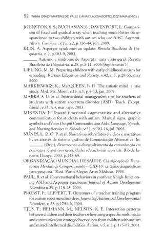 52   TÂNIA GRACY MARTINS DO VALLE E ANA CLÁUDIA BORTOLOZZI MAIA (ORGS.)


JOHNSTON, S. S.; BUCHANAN, S.; DAVENPORT, L. Compari-
   son of fixed and gradual array when teaching sound-letter corre-
   spondence to two children with autism who use AAC. Augment.
   Altern. Commun., v.25, n.2, p.136-44, jun. 2009.
KLIN, A. Asperger syndrome: an update. Revista Brasileira de Psi-
   quiatria, n.2, p.103-9, 2003.
        . Autismo e síndrome de Asperger: uma visão geral. Revista
   Brasileira de Psiquiatria. n.28, p.3-11, 2006 (Suplemento 1).
LIBLING, M. M. Preparing children with early childhood autism for
   schooling. Russian Education and Society, v.42, n.5, p.28-55, may
   2000.
MARKIEWICZ, K.; MacQUEEN, B. D. The autistic mind: a case
   study. Med. Sci. Monit, v.15, n.1, p.5-13, jan. 2009.
MARKS, S. U. et al. Instructional management tips for teachers of
   students with autism spectrum disorder (ASD). Teach. Except.
   Child., v.35, n.4, mar.-apr. 2003.
MIRENDA, P. Toward functional augmentative and alternative
   communication for students with autism. Manual signs, graphic
   symbols and Voice Output Communication Aids. Language, Speech,
   and Hearing Services in Schools, v.34, p.203-16, jul. 2003.
NUNES, L. R. O. P. et al. Narrativas sobre fotos e vídeos e narrativas
   livres através de sistema gráfico de Comunicação Alternativa. In:
            . (Org.). Favorecendo o desenvolvimento da comunicação em
   crianças e jovens com necessidades educacionais especiais. Rio de Ja-
   neiro: Dunya, 2003. p.143-69.
ORGANIZAÇÃO MUNDIAL DE SAÚDE. Classificação de Trans-
   tornos Mentais de Comportamento – CID-10: critérios diagnósticos
   para pesquisa. 10.ed. Porto Alegre: Artes Médicas, 1993.
PAUL, R. et al. Conversational behaviors in youth with high-function-
   ing ASD and Asperger syndrome. Journal of Autism Development
   Disordras n.39, p.115-25, 2009.
PROBST, P.; LEPPERT, T. Outcomes of a teacher training program
   for autism spectrum disorders. Journal of Autism and Developmental
   Disorders, n.38, p.1791-6, 2008.
TJUS, T.; HEIMANN, M.; NELSON, K. E. Interaction patterns
   between children and their teachers when using a specific multimedia
   and communication strategy observations from children with autism
   and mixed intellectual disabilities. Autism, v.5, n.2, p.175-87, 2001.
 