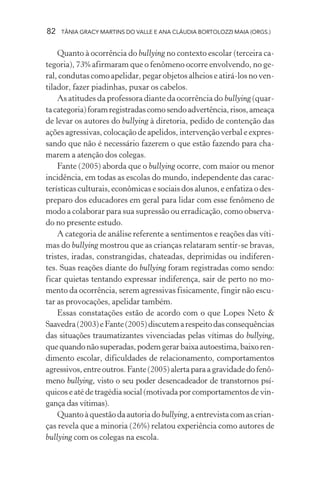 82   TÂNIA GRACY MARTINS DO VALLE E ANA CLÁUDIA BORTOLOZZI MAIA (ORGS.)


    Quanto à ocorrência do bullying no contexto escolar (terceira ca-
tegoria), 73% afirmaram que o fenômeno ocorre envolvendo, no ge-
ral, condutas como apelidar, pegar objetos alheios e atirá-los no ven-
tilador, fazer piadinhas, puxar os cabelos.
    As atitudes da professora diante da ocorrência do bullying (quar-
ta categoria) foram registradas como sendo advertência, risos, ameaça
de levar os autores do bullying à diretoria, pedido de contenção das
ações agressivas, colocação de apelidos, intervenção verbal e expres-
sando que não é necessário fazerem o que estão fazendo para cha-
marem a atenção dos colegas.
    Fante (2005) aborda que o bullying ocorre, com maior ou menor
incidência, em todas as escolas do mundo, independente das carac-
terísticas culturais, econômicas e sociais dos alunos, e enfatiza o des-
preparo dos educadores em geral para lidar com esse fenômeno de
modo a colaborar para sua supressão ou erradicação, como observa-
do no presente estudo.
    A categoria de análise referente a sentimentos e reações das víti-
mas do bullying mostrou que as crianças relataram sentir-se bravas,
tristes, iradas, constrangidas, chateadas, deprimidas ou indiferen-
tes. Suas reações diante do bullying foram registradas como sendo:
ficar quietas tentando expressar indiferença, sair de perto no mo-
mento da ocorrência, serem agressivas fisicamente, fingir não escu-
tar as provocações, apelidar também.
    Essas constatações estão de acordo com o que Lopes Neto &
Saavedra (2003) e Fante (2005) discutem a respeito das consequências
das situações traumatizantes vivenciadas pelas vítimas do bullying,
que quando não superadas, podem gerar baixa autoestima, baixo ren-
dimento escolar, dificuldades de relacionamento, comportamentos
agressivos, entre outros. Fante (2005) alerta para a gravidade do fenô-
meno bullying, visto o seu poder desencadeador de transtornos psí-
quicos e até de tragédia social (motivada por comportamentos de vin-
gança das vítimas).
    Quanto à questão da autoria do bullying, a entrevista com as crian-
ças revela que a minoria (26%) relatou experiência como autores de
bullying com os colegas na escola.
 