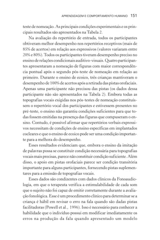 APRENDIZAGEM E COMPORTAMENTO HUMANO 151
teste de nomeação. As principais condições experimentais e os prin-
cipais resultados são apresentados na Tabela 2.
Na avaliação do repertório de entrada, todos os participantes
obtiveram melhor desempenho nos repertórios receptivos (mais de
85% de acertos) em relação aos expressivos (valores variaram entre
20% e 80%).Todos os participantes tiveram desempenho preciso no
ensinoderelaçõescondicionaisauditivo-visuais.Quatroparticipan-
tes apresentaram a nomeação de figuras com maior correspondên-
cia pontual após o segundo pós-teste de nomeação em relação ao
primeiro. Durante o ensino de ecoico, três crianças mantiveram o
desempenho de 100% de acertos após a retirada das pistas orofaciais.
Apenas uma participante não precisou das pistas (os dados dessa
participante não são apresentados na Tabela 2). Embora todas as
topografias vocais exigidas nos pós-testes de nomeação constituís-
sem o repertório vocal dos participantes e estivessem presentes no
pré-teste, o ensino não garantiu condições suficientes para que to-
das fossem emitidas na presença das figuras que compuseram o en-
sino. Contudo, é possível afirmar que repertórios verbais expressi-
vos necessitam de condições de ensino específicas em implantados
cocleares e que o ensino de ecoico pode ser uma condição importan-
te para a melhora do desempenho.
Esses resultados evidenciam que, embora o ensino da imitação
de palavras possa se constituir condição necessária para topografias
vocaismaisprecisas,parecenãoconstituircondiçãosuficiente.Além
disso, o apoio em pistas orofaciais parece ser condição transitória
importante para alguns participantes, fornecendo pistas suplemen-
tares para a emissão de topografias vocais.
Esses dados são condizentes com dados clínicos da Fonoaudio-
logia, em que o terapeuta verifica a estimulabilidade de cada som
que o sujeito não foi capaz de emitir corretamente durante a avalia-
ção fonológica. Esse é um procedimento clínico para determinar se a
criança é hábil em revisar o erro na fala quando são dadas pistas
facilitadoras (Powell et al., 1996). Isso é necessário para conhecer a
habilidade que o indivíduo possui em modificar imediatamente os
erros na produção da fala quando apresentado um modelo
 