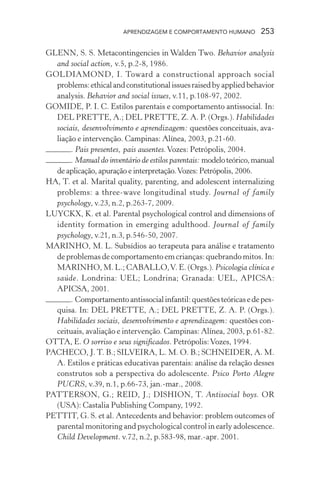 APRENDIZAGEM E COMPORTAMENTO HUMANO 253
GLENN, S. S. Metacontingencies in Walden Two. Behavior analysis
and social action, v.5, p.2-8, 1986.
GOLDIAMOND, I. Toward a constructional approach social
problems:ethicalandconstitutionalissuesraisedbyappliedbehavior
analysis. Behavior and social issues, v.11, p.108-97, 2002.
GOMIDE, P. I. C. Estilos parentais e comportamento antissocial. In:
DEL PRETTE, A.; DEL PRETTE, Z. A. P. (Orgs.). Habilidades
sociais, desenvolvimento e aprendizagem: questões conceituais, ava-
liação e intervenção. Campinas: Alínea, 2003, p.21-60.
. Pais presentes, pais ausentes.Vozes: Petrópolis, 2004.
. Manual do inventário de estilos parentais: modeloteórico,manual
de aplicação, apuração e interpretação.Vozes: Petrópolis, 2006.
HA, T. et al. Marital quality, parenting, and adolescent internalizing
problems: a three-wave longitudinal study. Journal of family
psychology, v.23, n.2, p.263-7, 2009.
LUYCKX, K. et al. Parental psychological control and dimensions of
identity formation in emerging adulthood. Journal of family
psychology, v.21, n.3, p.546-50, 2007.
MARINHO, M. L. Subsídios ao terapeuta para análise e tratamento
de problemas de comportamento em crianças: quebrando mitos. In:
MARINHO, M. L.; CABALLO,V. E. (Orgs.). Psicologia clínica e
saúde. Londrina: UEL; Londrina; Granada: UEL, APICSA:
APICSA, 2001.
. Comportamentoantissocialinfantil:questõesteóricasedepes-
quisa. In: DEL PRETTE, A.; DEL PRETTE, Z. A. P. (Orgs.).
Habilidades sociais, desenvolvimento e aprendizagem: questões con-
ceituais, avaliação e intervenção. Campinas: Alínea, 2003, p.61-82.
OTTA, E. O sorriso e seus significados. Petrópolis:Vozes, 1994.
PACHECO, J. T. B.; SILVEIRA, L. M. O. B.; SCHNEIDER, A. M.
A. Estilos e práticas educativas parentais: análise da relação desses
construtos sob a perspectiva do adolescente. Psico Porto Alegre
PUCRS, v.39, n.1, p.66-73, jan.-mar., 2008.
PATTERSON, G.; REID, J.; DISHION, T. Antisocial boys. OR
(USA): Castalia Publishing Company, 1992.
PETTIT, G. S. et al. Antecedents and behavior: problem outcomes of
parental monitoring and psychological control in early adolescence.
Child Development. v.72, n.2, p.583-98, mar.-apr. 2001.
 