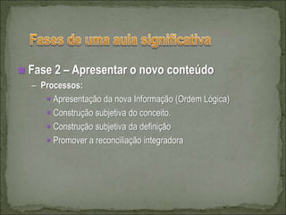  Fase 2 – Apresentar o novo conteúdo
– Processos:
 Apresentação da nova Informação (Ordem Lógica)
 Construção subjetiva do conceito.
 Construção subjetiva da definição
 Promover a reconciliação integradora
 