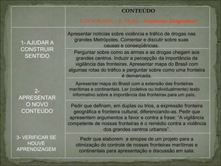 CONTEÚDO
GEOGRAFIA – E. Médio - Fronteiras Geográficas
Apresentar notícias sobre violência e tráfico de drogas nas
grandes Metrópoles. Comentar e discutir sobre suas
causas e conseqüências.
Perguntar sobre como as armas e as drogas chegam aos
grandes centros. Induzir a percepção da importância da
vigilância das fronteiras. Apresentar mapa do Brasil com
algumas rotas do tráfico e perguntar sobre como uma fronteira
é demarcada.
Apresentar mapa do Brasil com a extensão das fronteiras
marítimas e continentais. Ler (coletiva ou individualmente) texto
informativo sobre a importância das fronteiras para um país.
Pedir que definam, em duplas ou trios, a expressão fronteira
geográfica e fronteira cultural, diferenciando-as. Pedir que
apresentem argumentos a favor e contra a frase: “A vigilância
competente de nossas fronteiras é o remédio contra a violência
dos grandes centros urbanos”.
Pedir que elaborem a sinopse de um projeto para a
otimização do controle de nossas fronteiras marítimas e
continentais para apresentação e discussão em sala.
1- AJUDAR A
CONSTRUIR
SENTIDO
2-
APRESENTAR
O NOVO
CONTEÚDO
3- VERIFICAR SE
HOUVE
APRENDIZAGEM
 