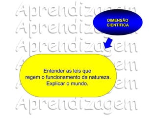 DIMENSÃO
CIENTÍFICA
Entender as leis que
regem o funcionamento da natureza.
Explicar o mundo.
 