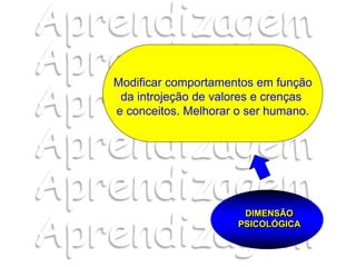 Modificar comportamentos em função
da introjeção de valores e crenças
e conceitos. Melhorar o ser humano.
DIMENSÃO
PSICOLÓGICA
 