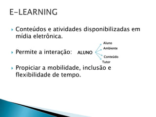    Conteúdos e atividades disponibilizadas em
    mídia eletrônica.
                                   Aluno
                                   Ambiente
   Permite a interação:   ALUNO
                                    Conteúdo
                                   Tutor

   Propiciar a mobilidade, inclusão e
    flexibilidade de tempo.
 