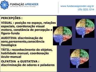 PERCEPÇÕES : VISUAL : posição no espaço, relações espaciais, coordenação visual motora, constância de percepção e figura-fundo AUDITIVA: discriminação de sons,pareamento,consciência fonológica TÁTIL: reconhecimento de objetos, habilidade manual, coordenação óculo-manual OLFATIVA  e GUSTATIVA : discriminação de odores e paladares 