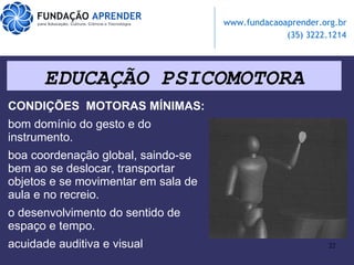 EDUCAÇÃO PSICOMOTORA CONDIÇÕES  MOTORAS MÍNIMAS: bom domínio do gesto e do instrumento.  boa coordenação global, saindo-se bem ao se deslocar, transportar objetos e se movimentar em sala de aula e no recreio.  o desenvolvimento do sentido de espaço e tempo.  acuidade auditiva e visual  