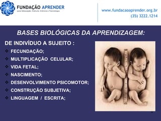 BASES BIOLÓGICAS DA APRENDIZAGEM: DE INDIVÍDUO A SUJEITO : FECUNDAÇÃO; MULTIPLICAÇÃO  CELULAR; VIDA FETAL; NASCIMENTO; DESENVOLVIMENTO PSICOMOTOR; CONSTRUÇÃO SUBJETIVA;  LINGUAGEM  /  ESCRITA; 