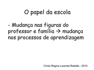Cíntia Regina Lacerda Rabello - 2010 O papel da escola Cíntia Regina Lacerda Rabello - 2010 - Mudança nas figuras do professor e família    mudança nos processos de aprendizagem 