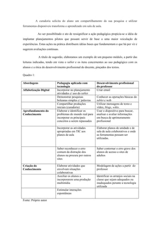 A curadoria solicita do aluno um compartilhamento da sua pesquisa e utilizar
ferramentas disponíveis transforma o aprendizado em sala de aula.
Ao ser possibilitado o ato de ressignificar a ação pedagógica propicia-se a idéia de
implantar planejamentos pilotos que possam servir de base a uma maior veiculação de
experiências. Estas ações na prática distribuem idéias bases que fundamentam o que há por vir e
sugerem avaliações contínuas.
A título de sugestão, elaboramos um exemplo de um pequeno módulo, a partir das
leituras indicadas, tendo em vista o tablet e os itens concernentes ao uso pedagógico com os
alunos e a ótica do desenvolvimento profissional do docente, pinçados dos textos.
Quadro 1:
Abordagens Pedagogia aplicada com
tecnologia
Desenvolvimento profissional
do professor
Alfabetização Digital Incorporar no planejamento
atividades c/ uso do tablet
Criar email
Demonstrar pesquisas
boleanas simples c/ palavras
Conhecer as operações básicas do
tablet e web
Compartilhar produções
iniciais (curadoria)
Utilizar mensagens de texto e
vídeo, blogs, wikis.
Aprofundamento do
Conhecimento
Elaborar e identificar os
problemas do mundo real para
incorporar os principais
conceitos a serem repassados
Usar o dispositivo para buscar,
analisar e avaliar informações
em busca de aprimoramento
profissional
Incorporar as atividades
apropriadas em TIC aos
planos de aula
Elaborar planos de unidade e de
sala de aula colaborativos e onde
as ferramentas possam ser
utilizadas.
Saber reconhecer o erro
comum da distração dos
alunos na procura por outros
sites
Saber contornar o erro grave dos
alunos de acesso a sites de
adultos
Criação do
Conhecimento
Elaborar atividades que
envolvam situações
colaborativas
Modelagem de ações a partir do
professor
Auxiliar os alunos a
incorporarem uma produção
multimídia
Identificar os arranjos sociais na
classe que sejam adequados ou
inadequados perante a tecnologia
utilizada
Estimular interações
espontâneas
Fonte: Próprio autor
 