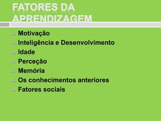 Motivação
Inteligência e Desenvolvimento
Idade
Perceção
Memória
Os conhecimentos anteriores
Fatores sociais

 