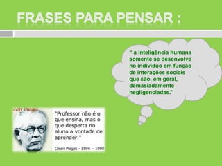 “ a inteligência humana
somente se desenvolve
no individuo em função
de interações sociais
que são, em geral,
demasiadamente
negligenciadas.”

 