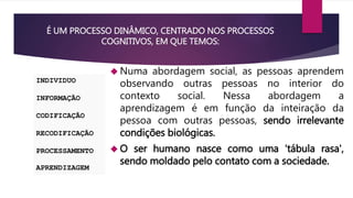 É UM PROCESSO DINÂMICO, CENTRADO NOS PROCESSOS 
COGNITIVOS, EM QUE TEMOS: 
INDIVIDUO 
INFORMAÇÃO 
CODIFICAÇÃO 
RECODIFICAÇÃO 
PROCESSAMENTO 
APRENDIZAGEM 
 Numa abordagem social, as pessoas aprendem 
observando outras pessoas no interior do 
contexto social. Nessa abordagem a 
aprendizagem é em função da inteiração da 
pessoa com outras pessoas, sendo irrelevante 
condições biológicas. 
O ser humano nasce como uma 'tábula rasa', 
sendo moldado pelo contato com a sociedade. 
 