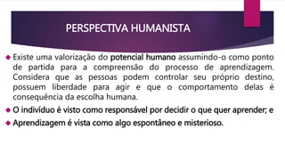 PERSPECTIVA HUMANISTA 
 Existe uma valorização do potencial humano assumindo-o como ponto 
de partida para a compreensão do processo de aprendizagem. 
Considera que as pessoas podem controlar seu próprio destino, 
possuem liberdade para agir e que o comportamento delas é 
consequência da escolha humana. 
O indivíduo é visto como responsável por decidir o que quer aprender; e 
 Aprendizagem é vista como algo espontâneo e misterioso. 
 