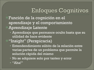 Función de la cognición en el aprendizaje y el comportamiento Aprendizaje Latente Aprendizaje que permance oculto hasta que su utilidad de hace evidente “ Insight” (Perspicacia) Entendendimiento súbito de la relación entre varias partes de un problema que permite la solución rápida del mismo No se adquiere solo por tanteo y error “ Aha!” 