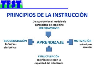 PRINCIPIOS DE LA INSTRUCCIÓN
                De acuerdo con el modelo de
                 aprendizaje de cada niño
                     REFORZAMIENTO



SECUENCIACIÓN                                 MOTIVACIÓN
 Icónica -
                   APRENDIZAJE                   natural para
simbólica                                           aprender



                    ESTRUCTURACIÓN
                   en unidades según la
                 capacidad del estudiante
 