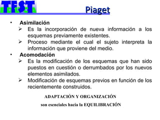 Piaget
•   Asimilación
     Es la incorporación de nueva información a los
       esquemas previamente existentes.
     Proceso mediante el cual el sujeto interpreta la
       información que proviene del medio.
•   Acomodación
     Es la modificación de los esquemas que han sido
       puestos en cuestión o derrumbados por los nuevos
       elementos asimilados.
     Modificación de esquemas previos en función de los
       recientemente construidos.
              ADAPTACIÓN Y ORGANIZACIÓN
            son esenciales hacia la EQUILIBRACIÓN
 