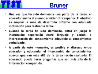 Bruner
• Una vez que ha sido dominada una parte de la tarea, el
  educador anima al alumno a iniciar otra superior. El objetivo
  es ampliar la zona de desarrollo próximo con adecuada
  motivación para realizar la tarea.
• Cuando la tarea ha sido dominada, entra en juego la
  instrucción: separación entre lenguaje y acción, e
  incorporación del conocimiento adquirido al conocimiento
  verbalizado.
• A partir de este momento, es posible el discurso entre
  educador y educando, el intercambio de conocimientos
  nuevos que van más allá de la tarea recién realizada. El
  educando puede hacer preguntas que van más allá de la
  información compartida.
 